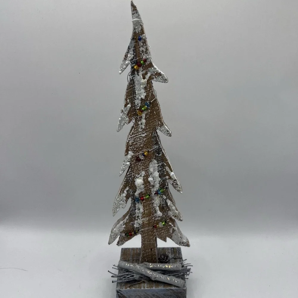 Wood Christmas Tree Flocked Snow String Of Lights with Beads Sparkles 9.5
